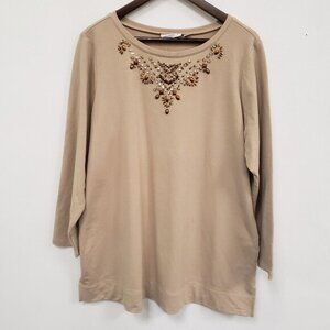 Susan Graver Womens Beaded 3/4 Sleeve Top Size 1X Beige‎ Stretch Mature Neutral